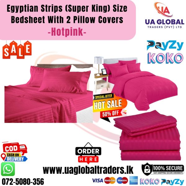 Egyptian Strips Bedsheet With 2 Pillow Covers (Super King Size) - Hotpink