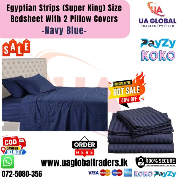 Egyptian Strips Bedsheet With 2 Pillow Covers (Super King Size) - Navy Blue