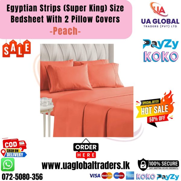 Egyptian Strips Bedsheet With 2 Pillow Covers (Super King Size) - Peach