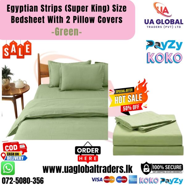Egyptian Strips Bedsheet With 2 Pillow Covers (Super King Size) - Green