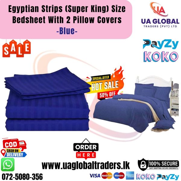 Egyptian Strips Bedsheet With 2 Pillow Covers Super King Size - Blue